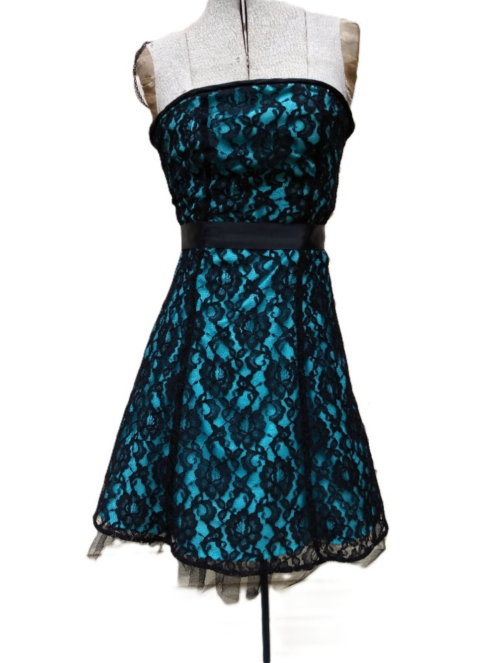 Vintage Formal Mini Dress Black Lace Turquoise Blue Size 1/2